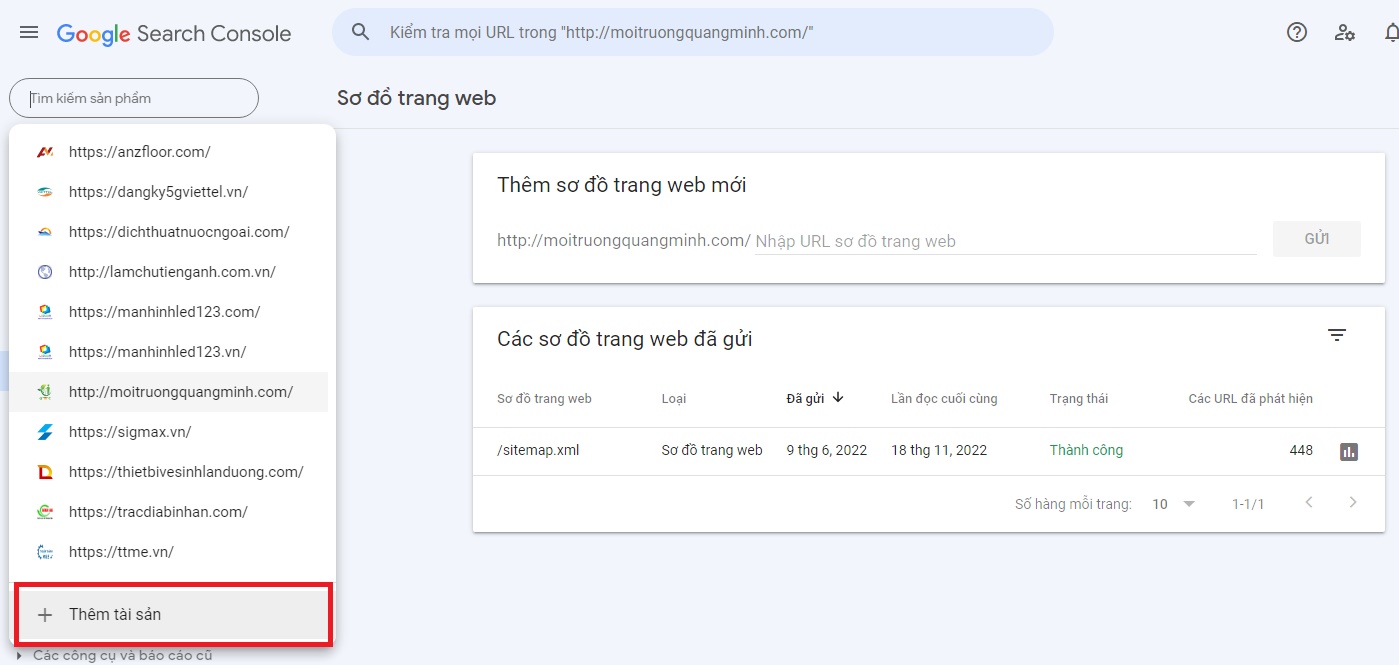 Google Search Console, hãy chọn “Thêm trang web”
